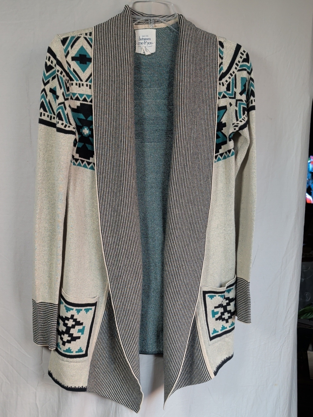Cream Aztec Open-Front Cardigan Cozy Great For Layering Coastal